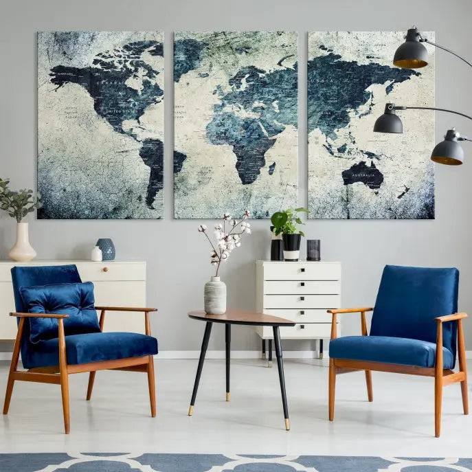 A World Map Wall Art Print on museum-quality canvas features a gallery-wrapped finish that exudes sophistication.