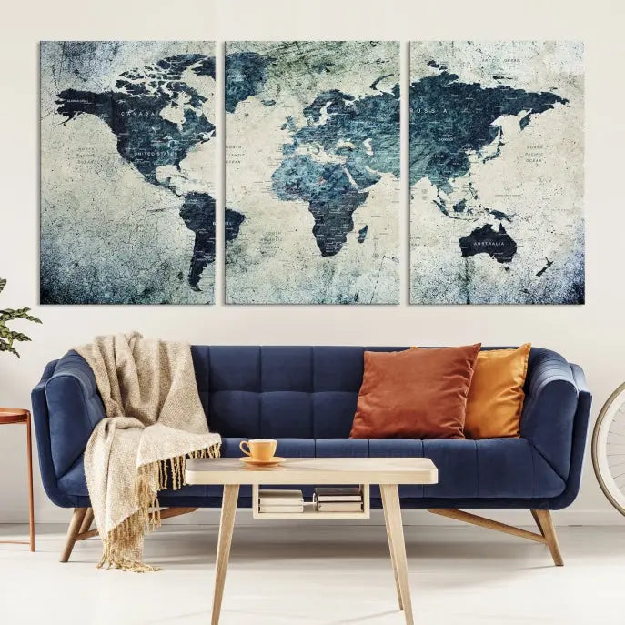 A World Map Wall Art Print on museum-quality canvas features a gallery-wrapped finish that exudes sophistication.