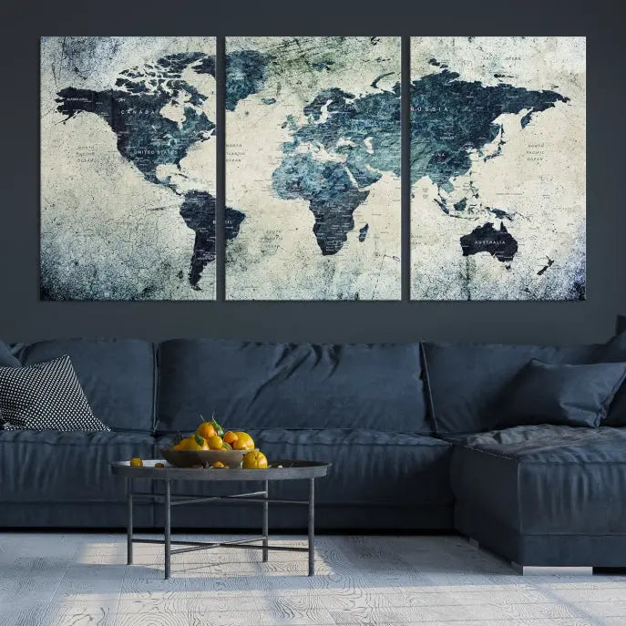 A World Map Wall Art Print on museum-quality canvas features a gallery-wrapped finish that exudes sophistication.