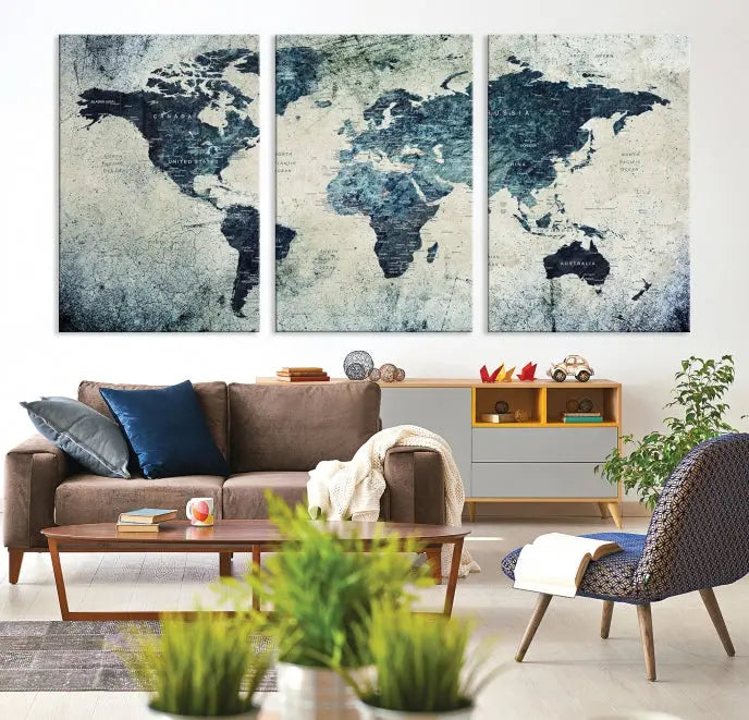 A World Map Wall Art Print on museum-quality canvas features a gallery-wrapped finish that exudes sophistication.