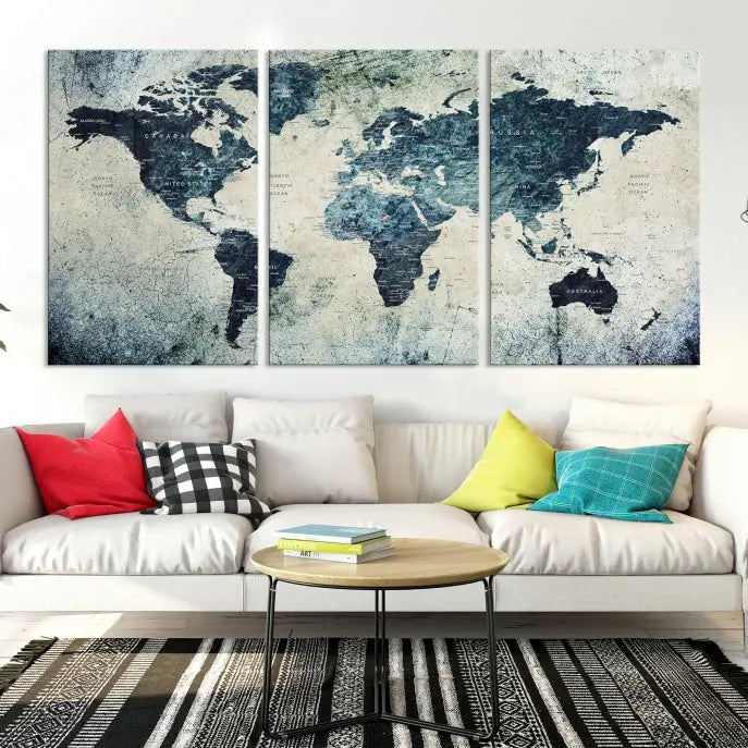 A World Map Wall Art Print on museum-quality canvas features a gallery-wrapped finish that exudes sophistication.