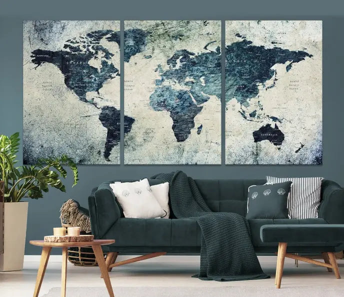 A World Map Wall Art Print on museum-quality canvas features a gallery-wrapped finish that exudes sophistication.