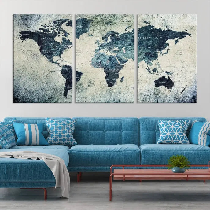 A World Map Wall Art Print on museum-quality canvas features a gallery-wrapped finish that exudes sophistication.