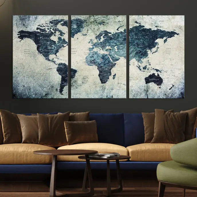 A World Map Wall Art Print on museum-quality canvas features a gallery-wrapped finish that exudes sophistication.