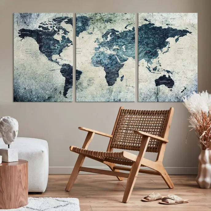 A World Map Wall Art Print on museum-quality canvas features a gallery-wrapped finish that exudes sophistication.