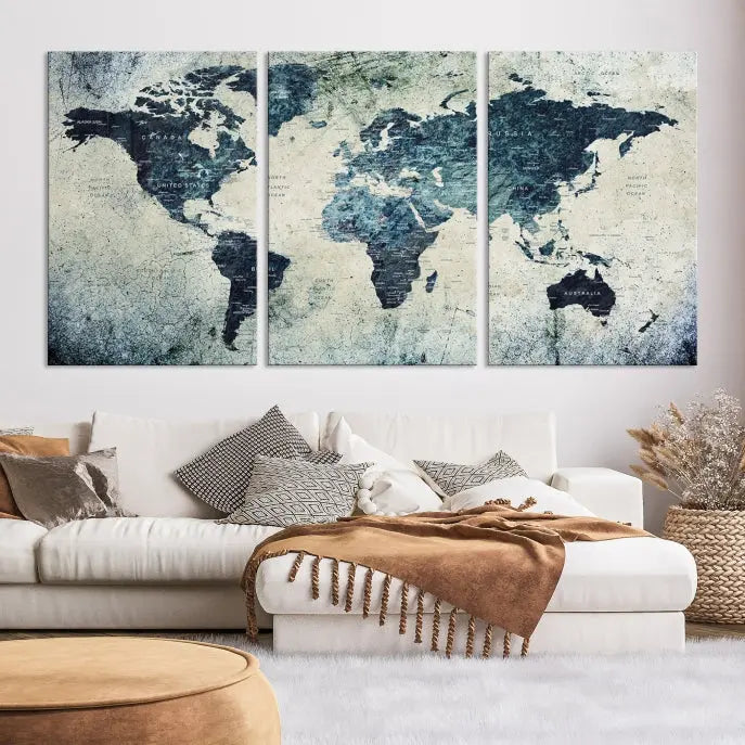 A World Map Wall Art Print on museum-quality canvas features a gallery-wrapped finish that exudes sophistication.