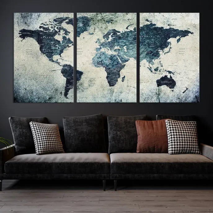 A World Map Wall Art Print on museum-quality canvas features a gallery-wrapped finish that exudes sophistication.