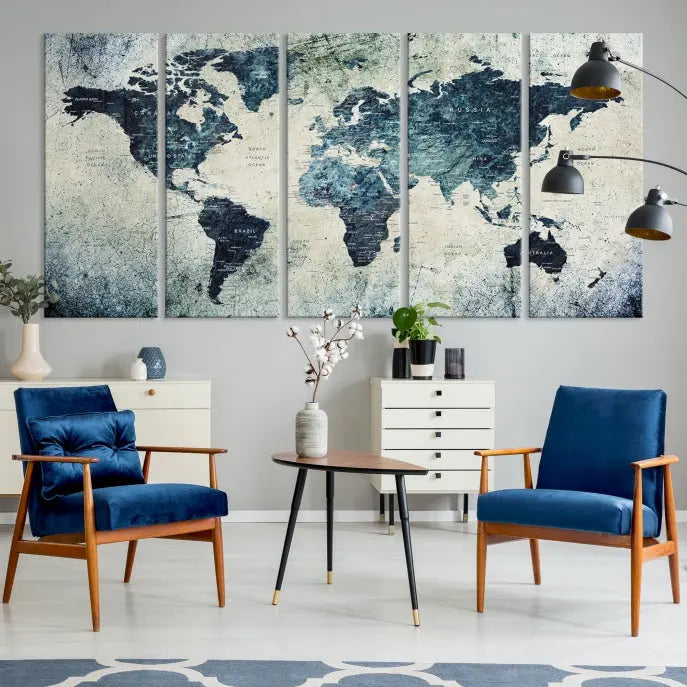 A World Map Wall Art Print on museum-quality canvas features a gallery-wrapped finish that exudes sophistication.