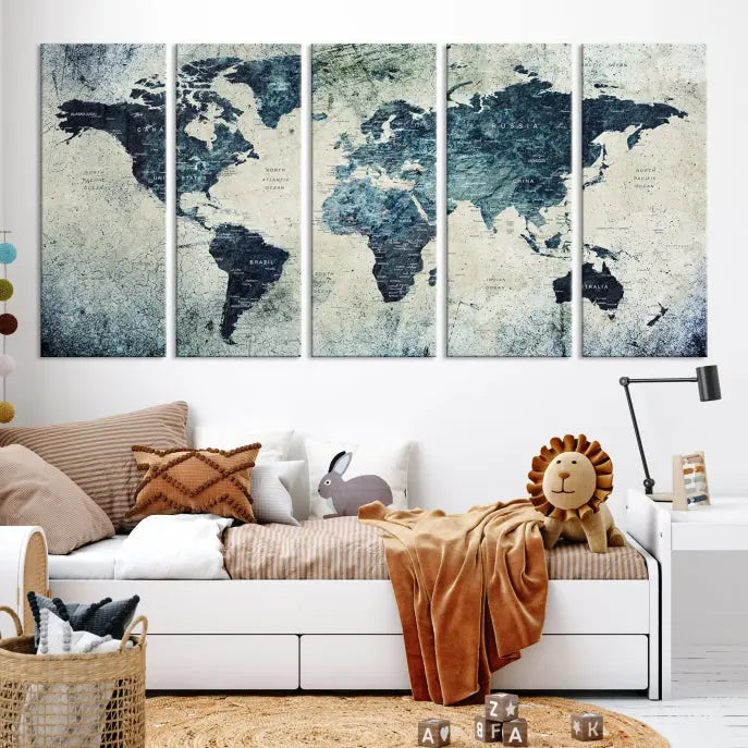 A World Map Wall Art Print on museum-quality canvas features a gallery-wrapped finish that exudes sophistication.