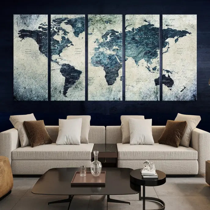 A World Map Wall Art Print on museum-quality canvas features a gallery-wrapped finish that exudes sophistication.