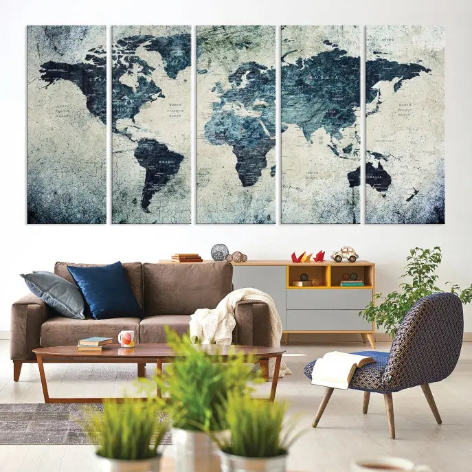 A World Map Wall Art Print on museum-quality canvas features a gallery-wrapped finish that exudes sophistication.