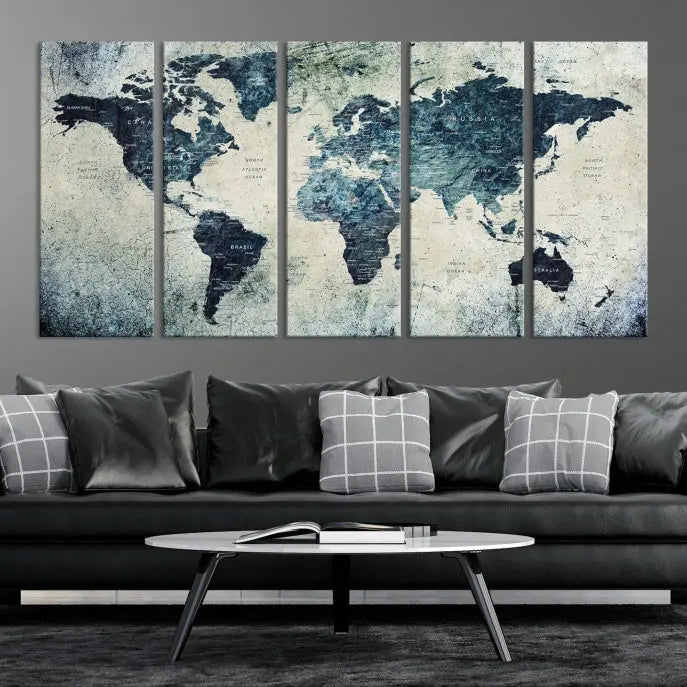 A World Map Wall Art Print on museum-quality canvas features a gallery-wrapped finish that exudes sophistication.