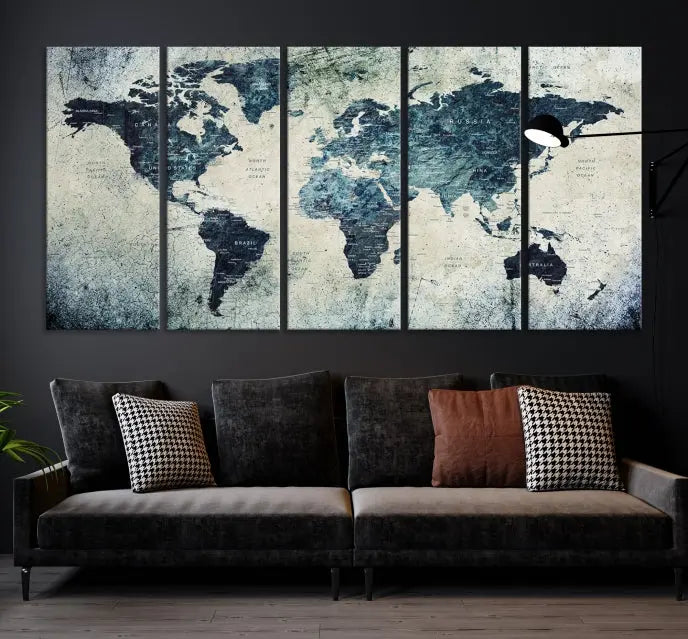 A World Map Wall Art Print on museum-quality canvas features a gallery-wrapped finish that exudes sophistication.