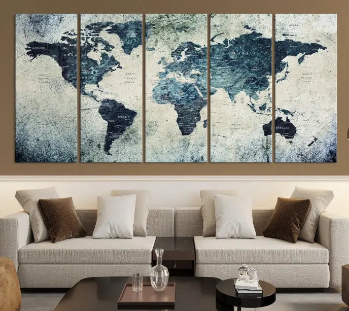 A World Map Wall Art Print on museum-quality canvas features a gallery-wrapped finish that exudes sophistication.