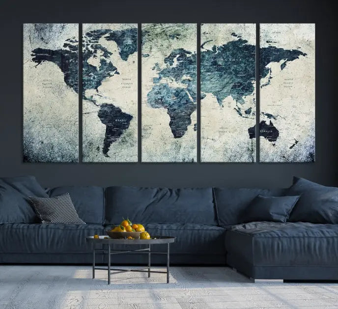 A World Map Wall Art Print on museum-quality canvas features a gallery-wrapped finish that exudes sophistication.