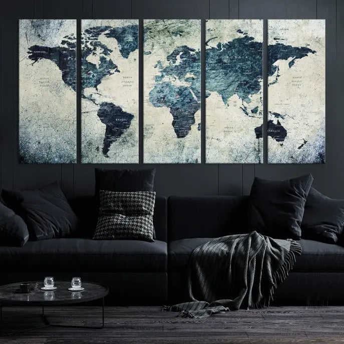 A World Map Wall Art Print on museum-quality canvas features a gallery-wrapped finish that exudes sophistication.