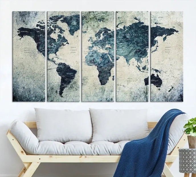 A World Map Wall Art Print on museum-quality canvas features a gallery-wrapped finish that exudes sophistication.