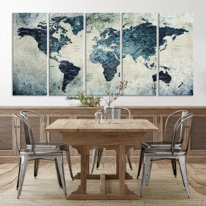 A World Map Wall Art Print on museum-quality canvas features a gallery-wrapped finish that exudes sophistication.