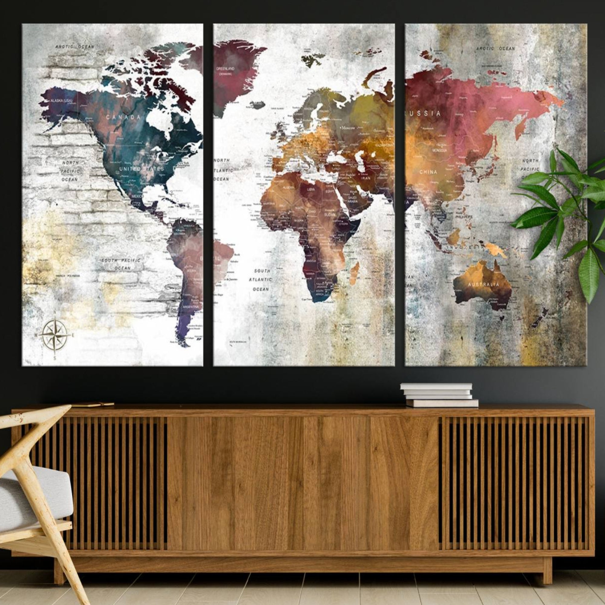 56876-MGV-CV-36X24-Rustic Watercolor World Map Canvas Wall Art – Framed Push Pin Travel Map for Home and Office Decor, Vintage Artistic Explorer Wall Artwork