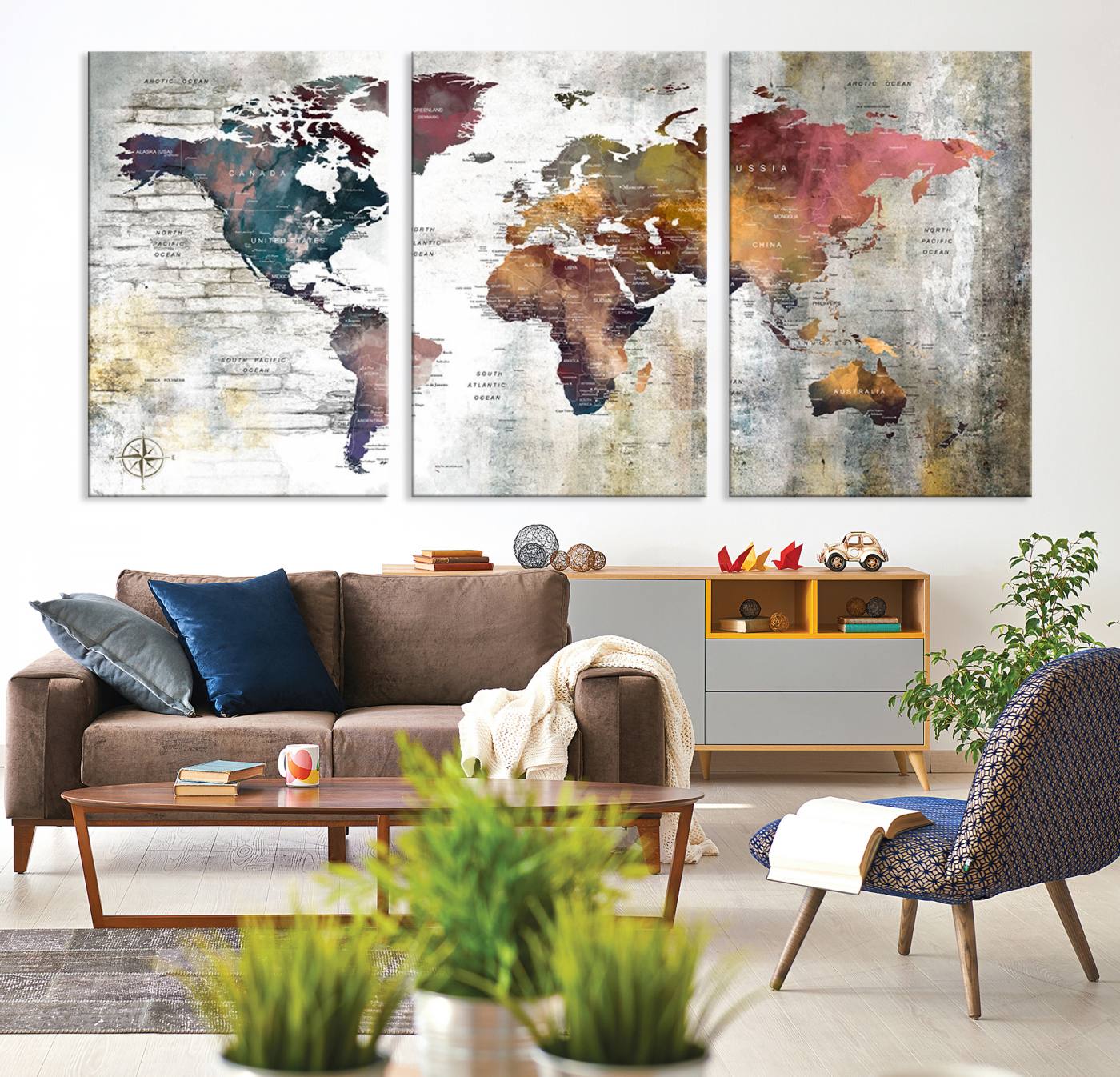 56876-MGV-CV-36X24-Rustic Watercolor World Map Canvas Wall Art – Framed Push Pin Travel Map for Home and Office Decor, Vintage Artistic Explorer Wall Artwork