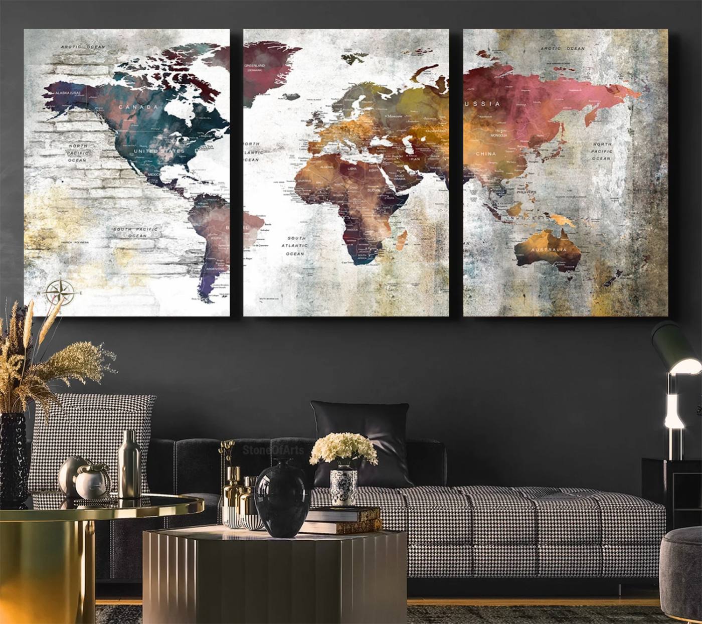 56876-MGV-CV-36X24-Rustic Watercolor World Map Canvas Wall Art – Framed Push Pin Travel Map for Home and Office Decor, Vintage Artistic Explorer Wall Artwork