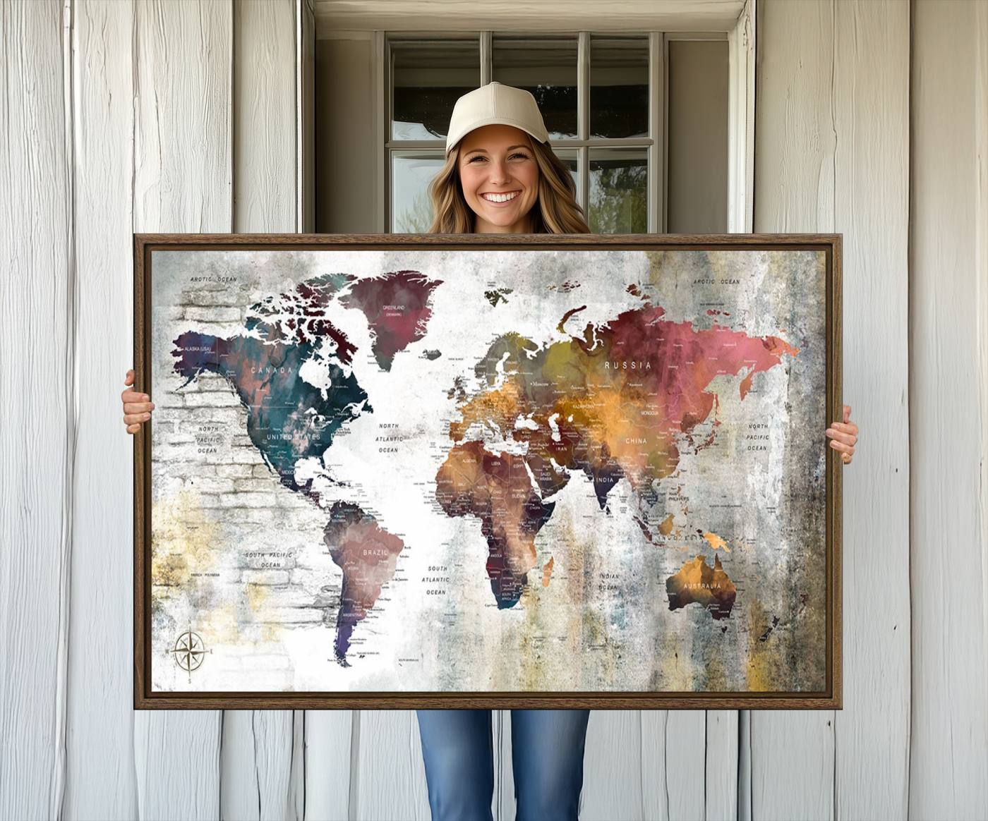56876-MGV-CV-36X24-Rustic Watercolor World Map Canvas Wall Art – Framed Push Pin Travel Map for Home and Office Decor, Vintage Artistic Explorer Wall Artwork