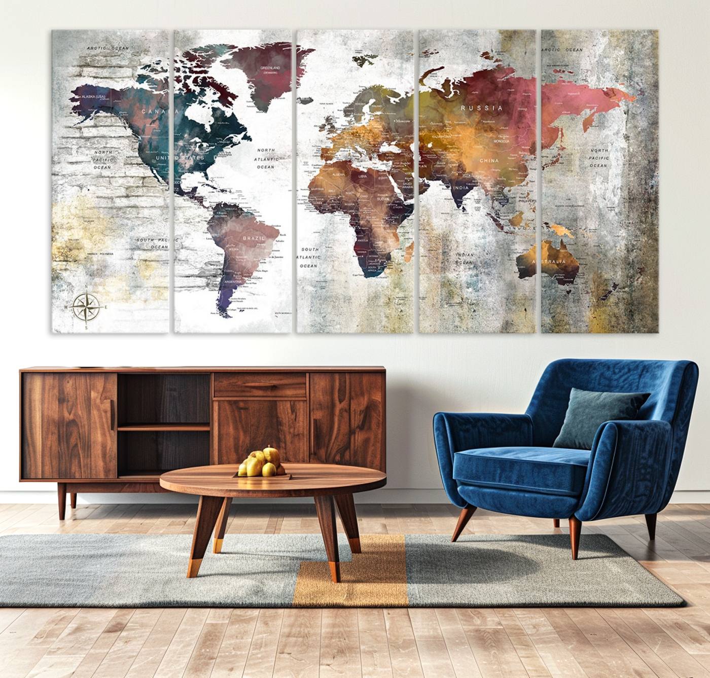 56876-MGV-CV-36X24-Rustic Watercolor World Map Canvas Wall Art – Framed Push Pin Travel Map for Home and Office Decor, Vintage Artistic Explorer Wall Artwork