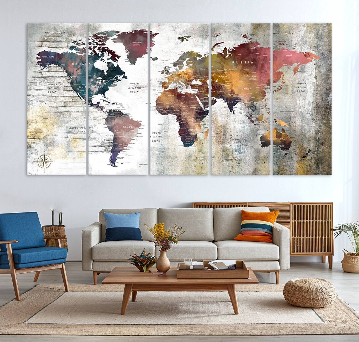 56876-MGV-CV-36X24-Rustic Watercolor World Map Canvas Wall Art – Framed Push Pin Travel Map for Home and Office Decor, Vintage Artistic Explorer Wall Artwork