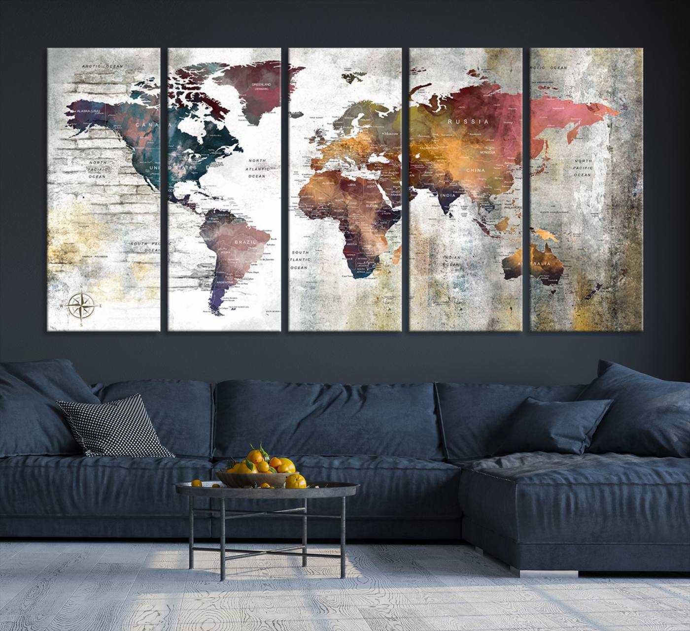 56876-MGV-CV-36X24-Rustic Watercolor World Map Canvas Wall Art – Framed Push Pin Travel Map for Home and Office Decor, Vintage Artistic Explorer Wall Artwork