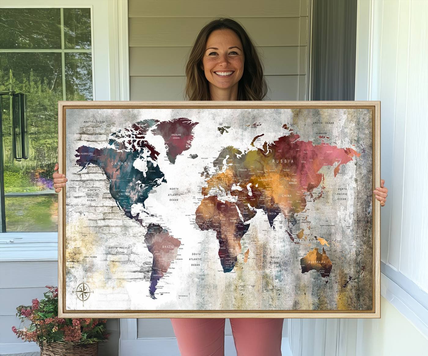 56876-MGV-CV-36X24-Rustic Watercolor World Map Canvas Wall Art – Framed Push Pin Travel Map for Home and Office Decor, Vintage Artistic Explorer Wall Artwork