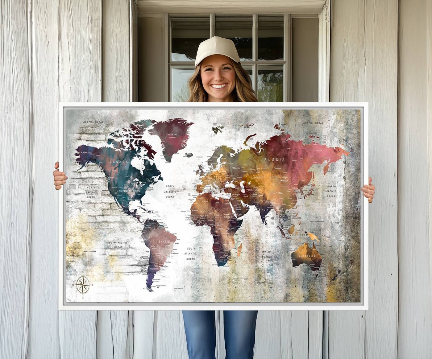 56876-MGV-CV-36X24-Rustic Watercolor World Map Canvas Wall Art – Framed Push Pin Travel Map for Home and Office Decor, Vintage Artistic Explorer Wall Artwork