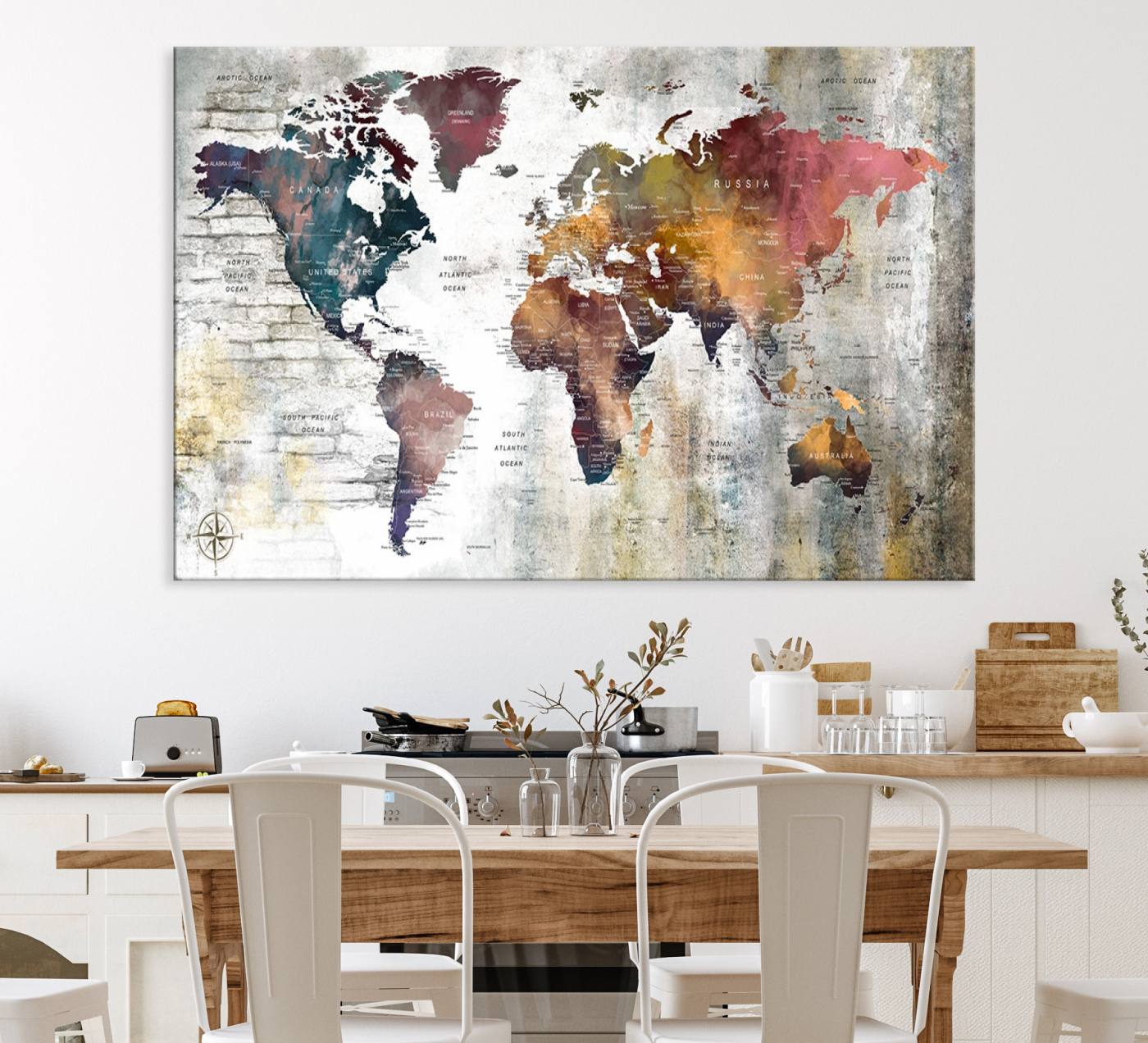 56876-MGV-CV-36X24-Rustic Watercolor World Map Canvas Wall Art – Framed Push Pin Travel Map for Home and Office Decor, Vintage Artistic Explorer Wall Artwork