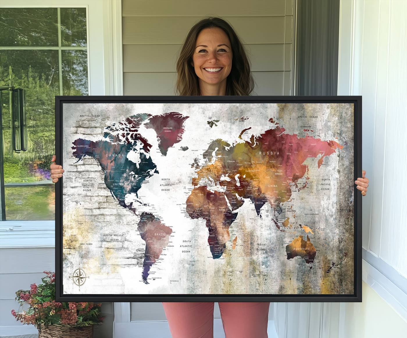 56876-MGV-CV-36X24-Rustic Watercolor World Map Canvas Wall Art – Framed Push Pin Travel Map for Home and Office Decor, Vintage Artistic Explorer Wall Artwork