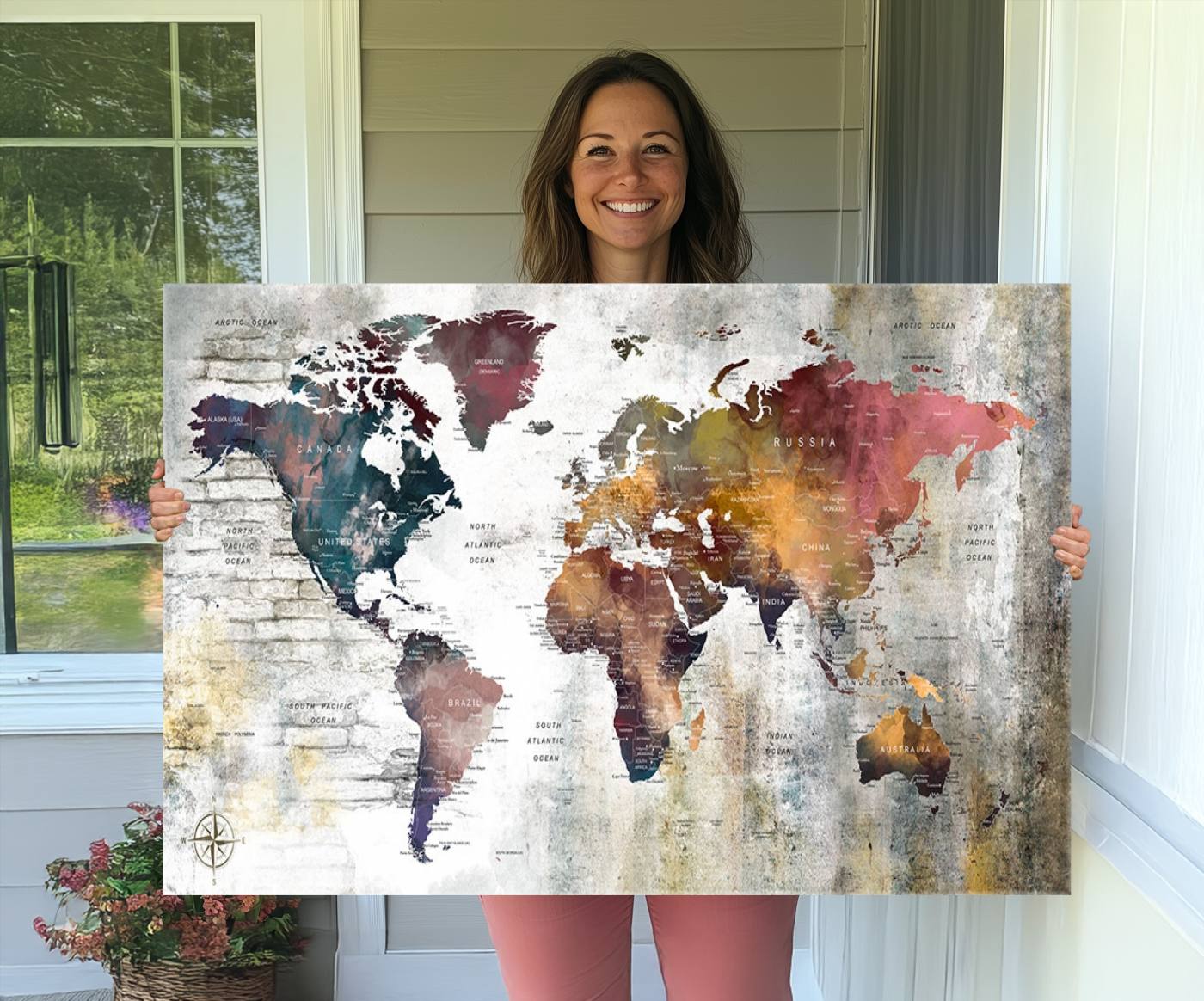 56876-MGV-CV-36X24-Rustic Watercolor World Map Canvas Wall Art – Framed Push Pin Travel Map for Home and Office Decor, Vintage Artistic Explorer Wall Artwork