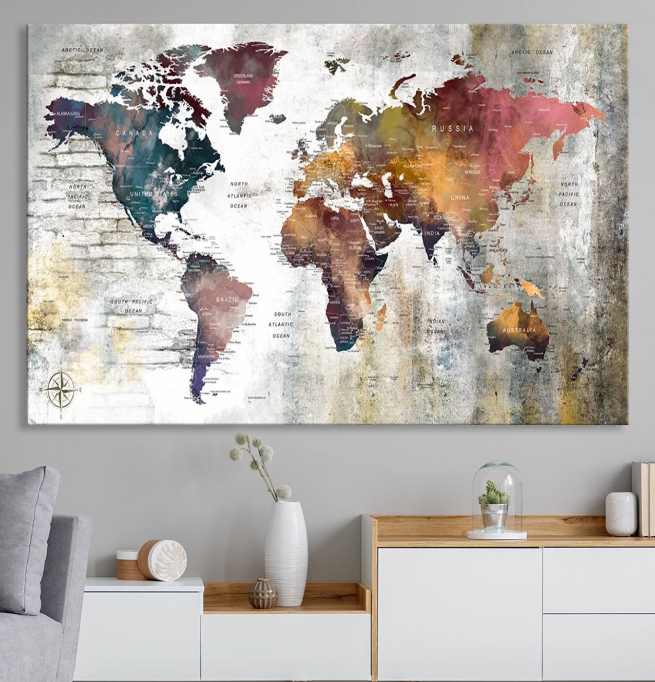 56876-MGV-CV-36X24-Rustic Watercolor World Map Canvas Wall Art – Framed Push Pin Travel Map for Home and Office Decor, Vintage Artistic Explorer Wall Artwork