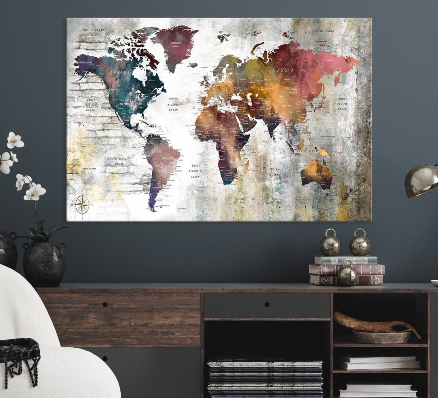 56876-MGV-CV-36X24-Rustic Watercolor World Map Canvas Wall Art – Framed Push Pin Travel Map for Home and Office Decor, Vintage Artistic Explorer Wall Artwork