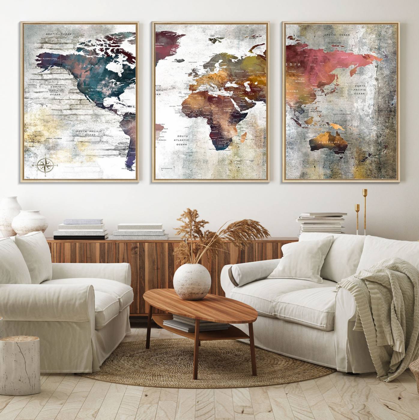 56876-MGV-FC-60X30-3P_Natural-Rustic Watercolor World Map Canvas Wall Art – Framed Push Pin Travel Map for Home and Office Decor, Vintage Artistic Explorer Wall Artwork