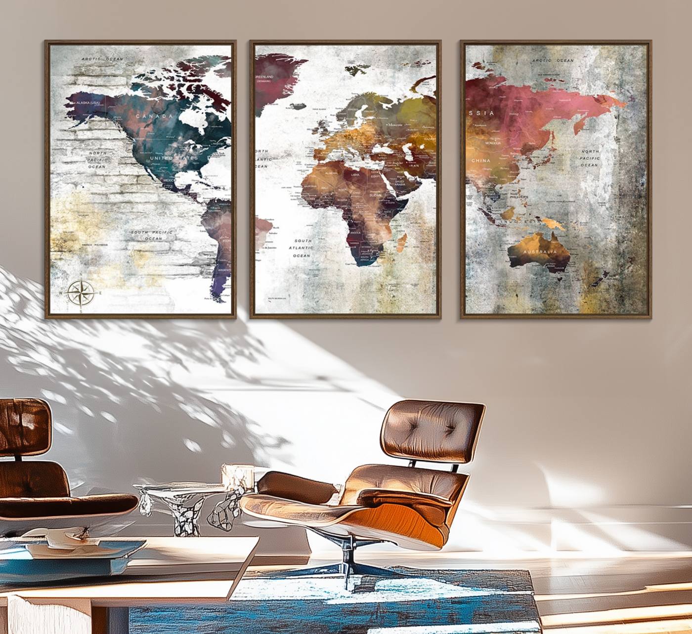 56876-MGV-FC-60X30-3P_Walnut-Rustic Watercolor World Map Canvas Wall Art – Framed Push Pin Travel Map for Home and Office Decor, Vintage Artistic Explorer Wall Artwork