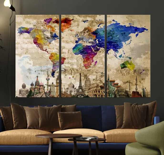 The World Map Wall Art Watercolor Canvas Print, featuring a UV-protective coating, is displayed in a cozy living room setting.