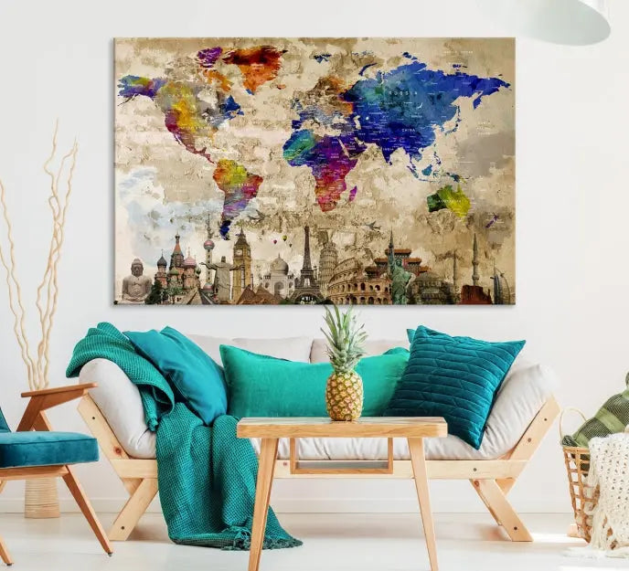 The World Map Wall Art Watercolor Canvas Print, featuring a UV-protective coating, is displayed in a cozy living room setting.