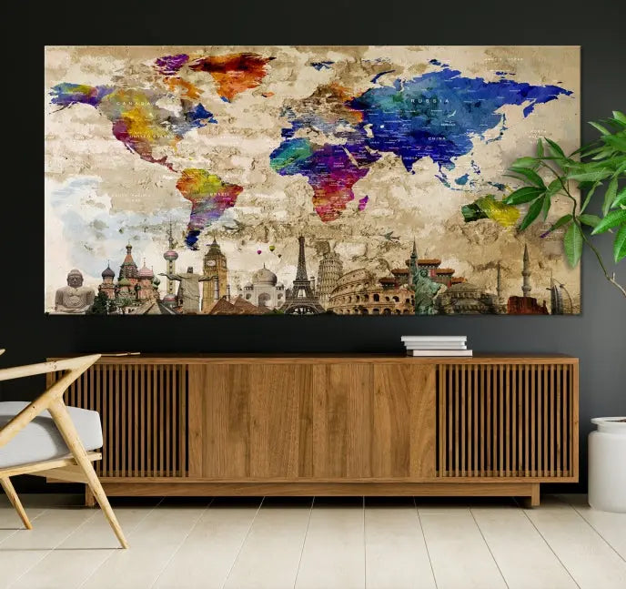 The World Map Wall Art Watercolor Canvas Print, featuring a UV-protective coating, is displayed in a cozy living room setting.