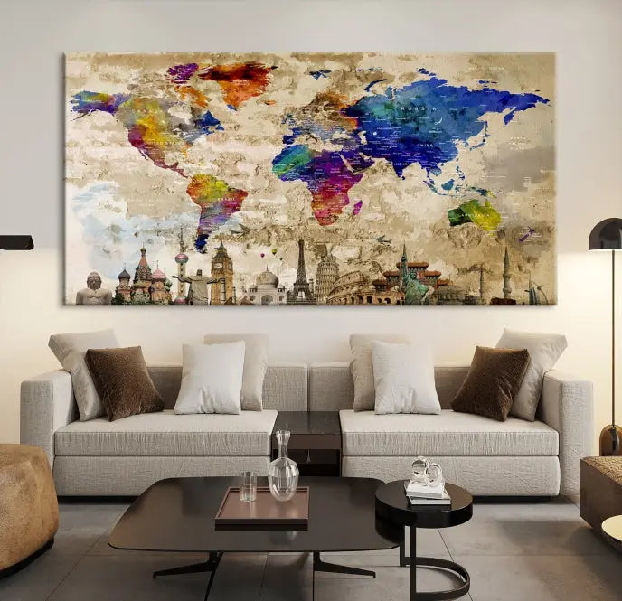 The World Map Wall Art Watercolor Canvas Print, featuring a UV-protective coating, is displayed in a cozy living room setting.