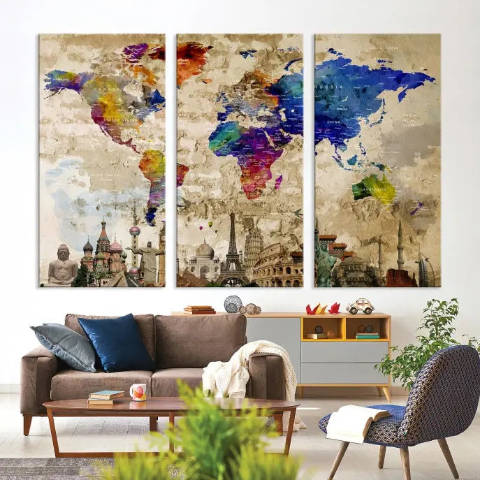 The World Map Wall Art Watercolor Canvas Print, featuring a UV-protective coating, is displayed in a cozy living room setting.