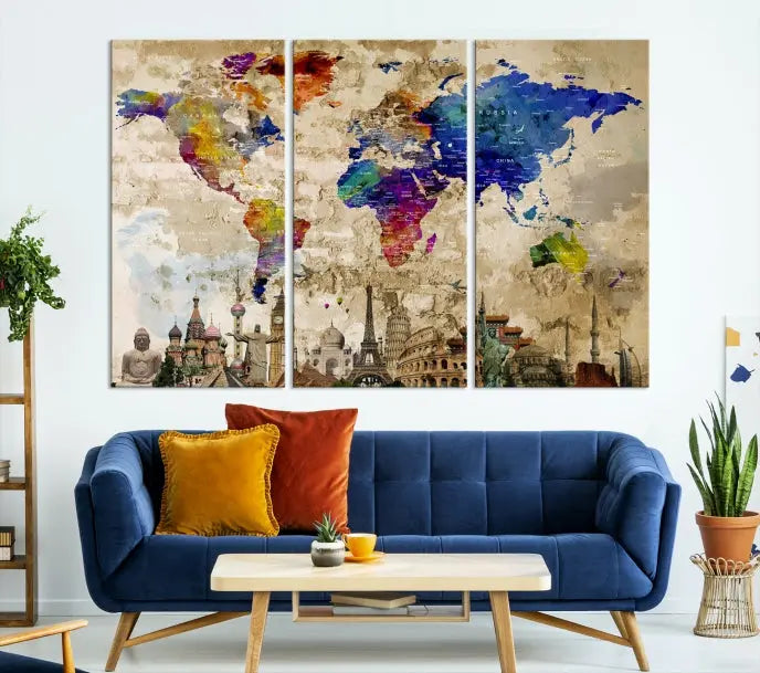 The World Map Wall Art Watercolor Canvas Print, featuring a UV-protective coating, is displayed in a cozy living room setting.