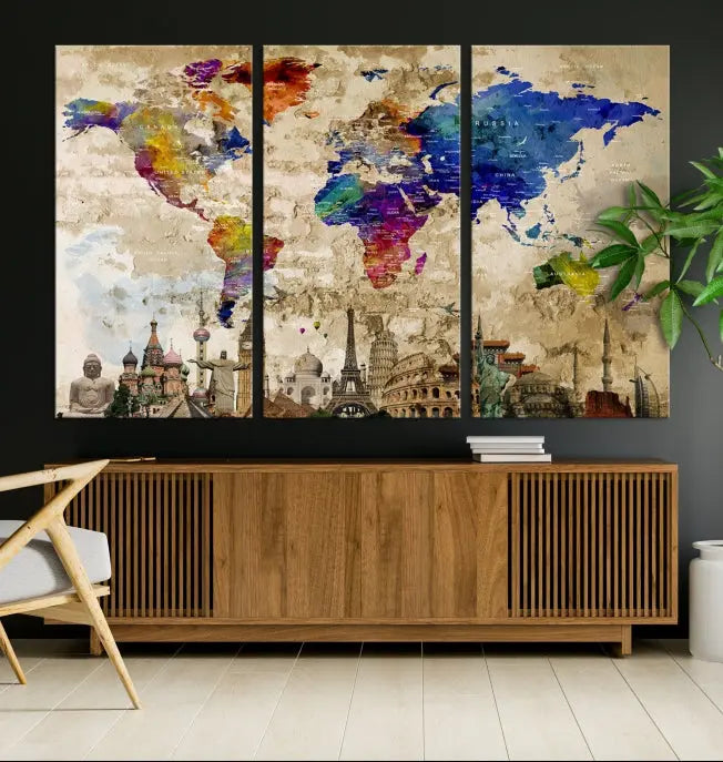 The World Map Wall Art Watercolor Canvas Print, featuring a UV-protective coating, is displayed in a cozy living room setting.