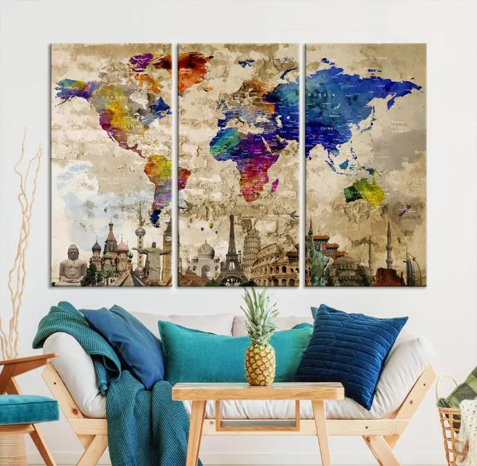 The World Map Wall Art Watercolor Canvas Print, featuring a UV-protective coating, is displayed in a cozy living room setting.