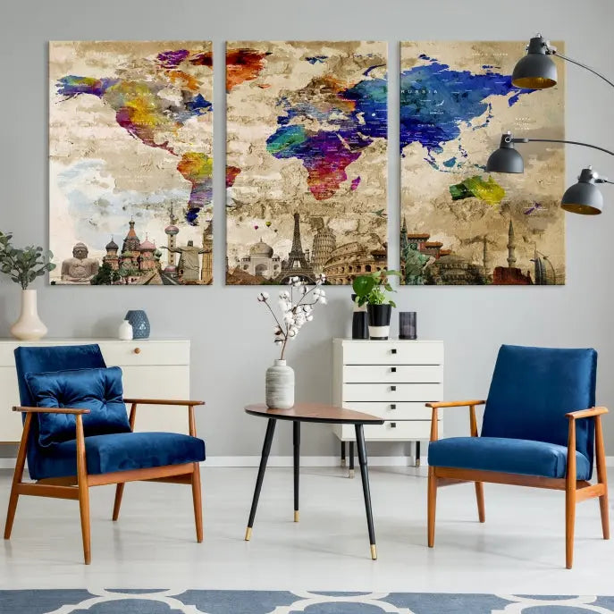 The World Map Wall Art Watercolor Canvas Print, featuring a UV-protective coating, is displayed in a cozy living room setting.