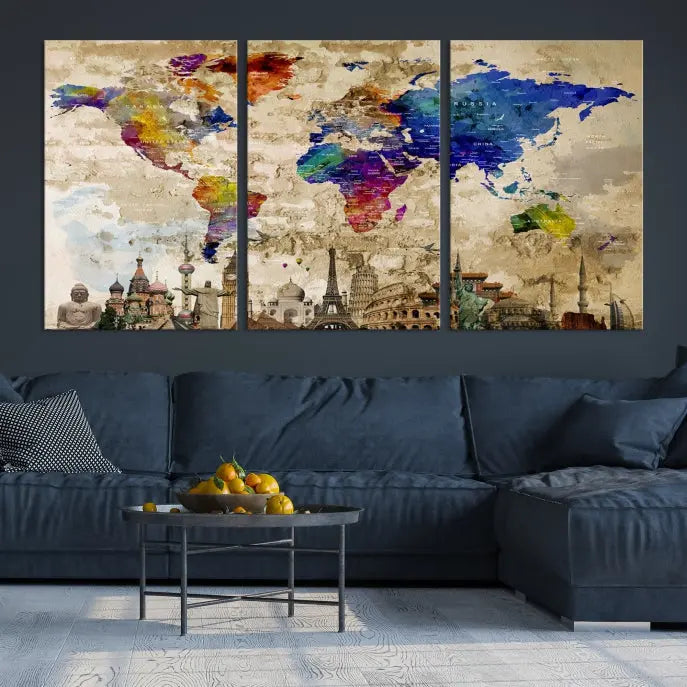 The World Map Wall Art Watercolor Canvas Print, featuring a UV-protective coating, is displayed in a cozy living room setting.