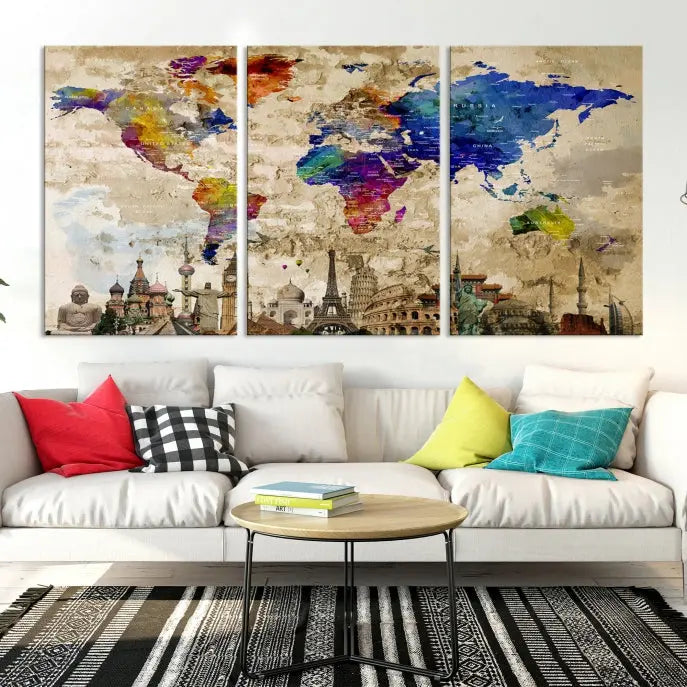 The World Map Wall Art Watercolor Canvas Print, featuring a UV-protective coating, is displayed in a cozy living room setting.