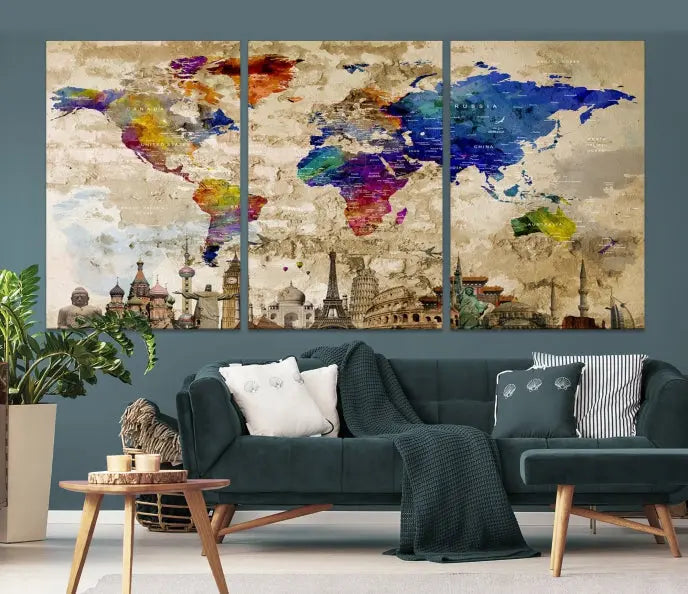 The World Map Wall Art Watercolor Canvas Print, featuring a UV-protective coating, is displayed in a cozy living room setting.